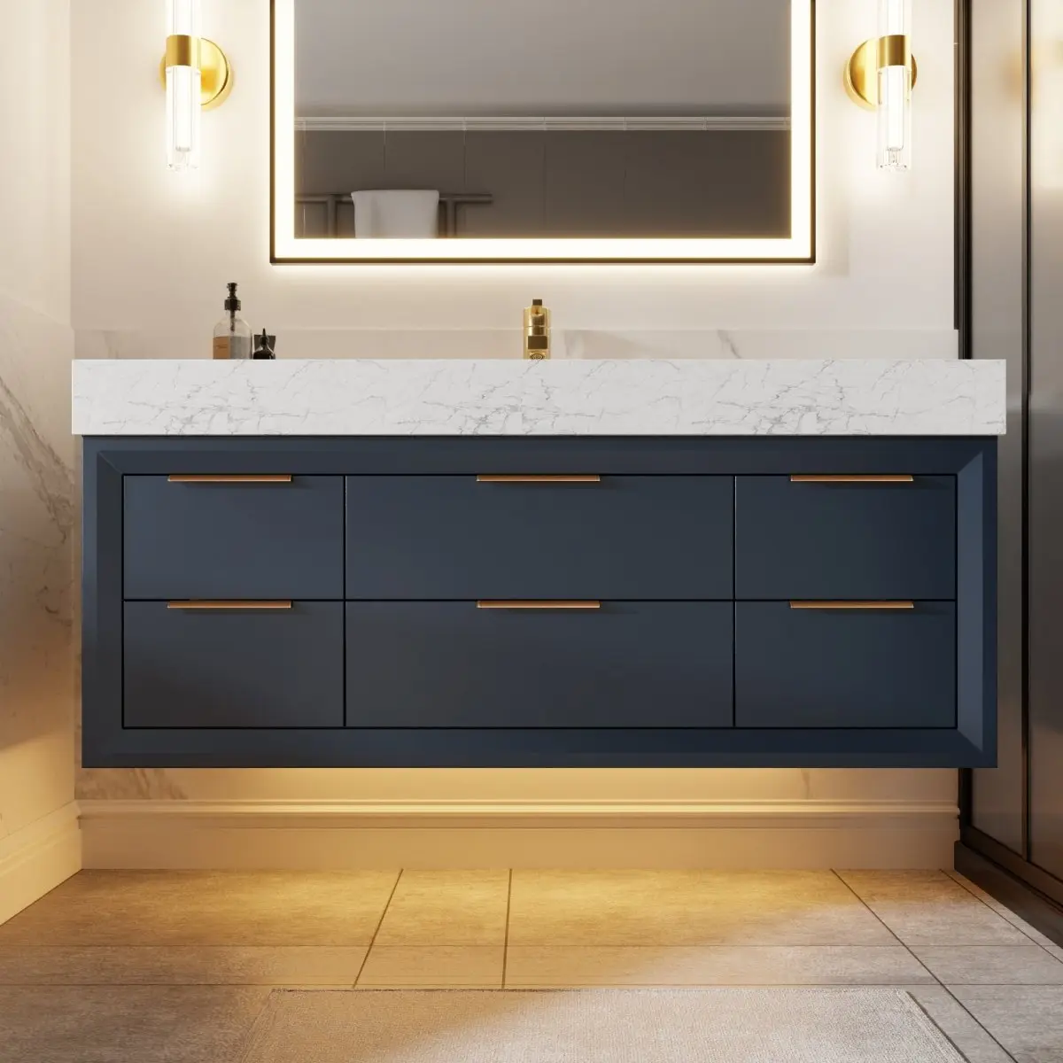 Glam 48" Modern Floating Blue Rubberwood Bathroom Vanity Cabinet with Lights and Stone Slab Countertop, Single Sinks