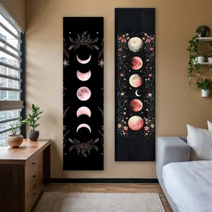 Moon Phase Banner Tapestry Floral Accents for Bedroom Black Pink Wall Hanging for Dorm Home Office Party Wall Decoration, Home Decor Supplies Washable Stitched Edge Polyester Tapestry Gifts for Bohemian Lovers Starry Sky Pattern