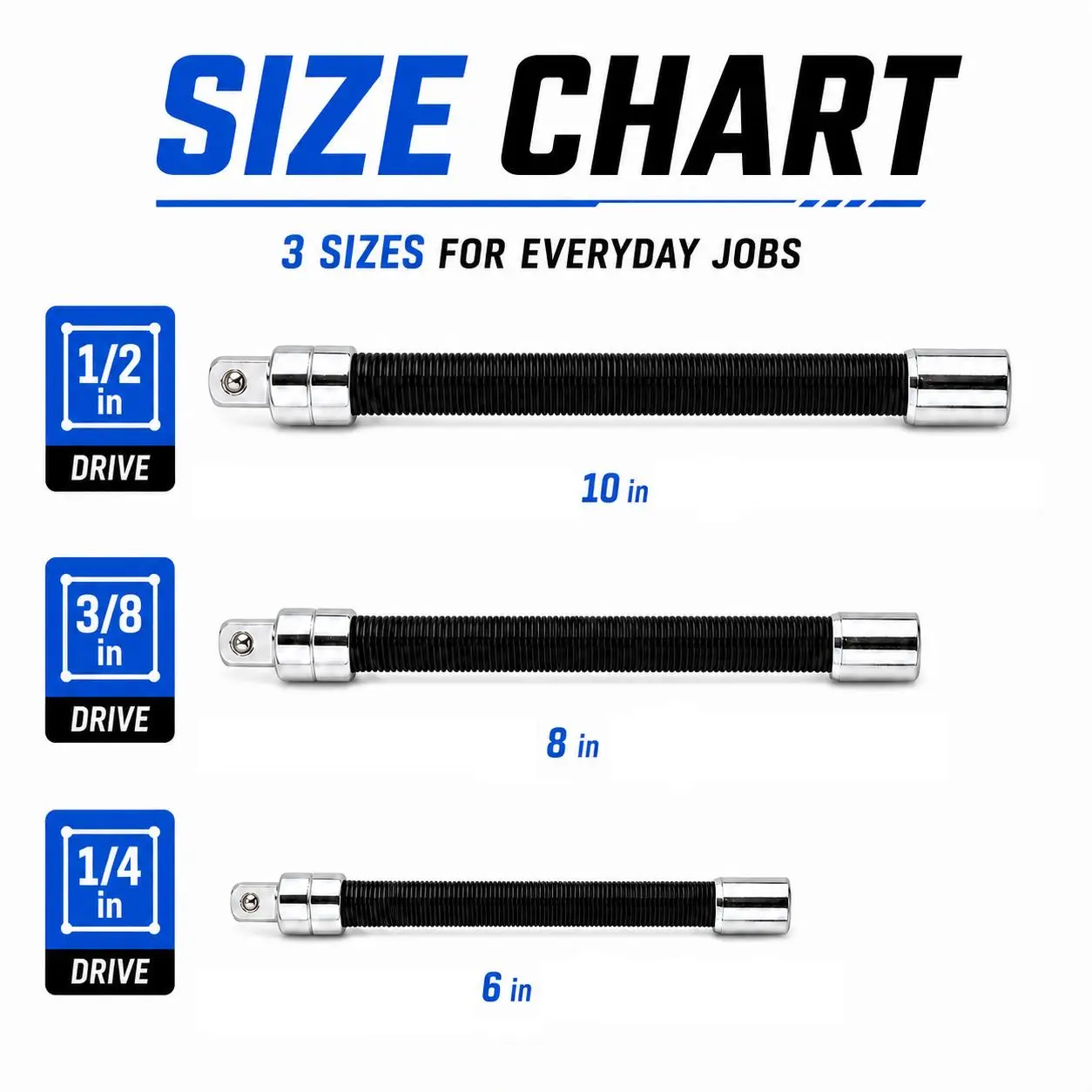 Flexible Socket Extension Bar Set 3-Piece 1/2" 3/8" 1/4" Shaft Drive 10" 8" 6"-Spring-Loaded Detent Balls to Prevent Slipping, fathersdaygift fathersdaygift