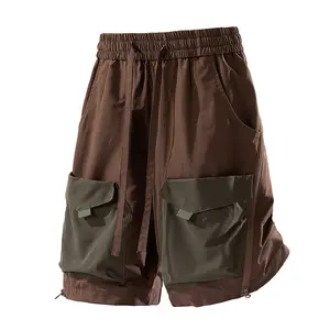 Men’s summer ice silk cotton-linen feel cargo shorts — loose wide-leg, mid-thigh length; streetwear brand, color-block design; drawstring elastic waistband; lightweight, breathable athletic shorts; soft shell casual pants for outdoor activities. summervib