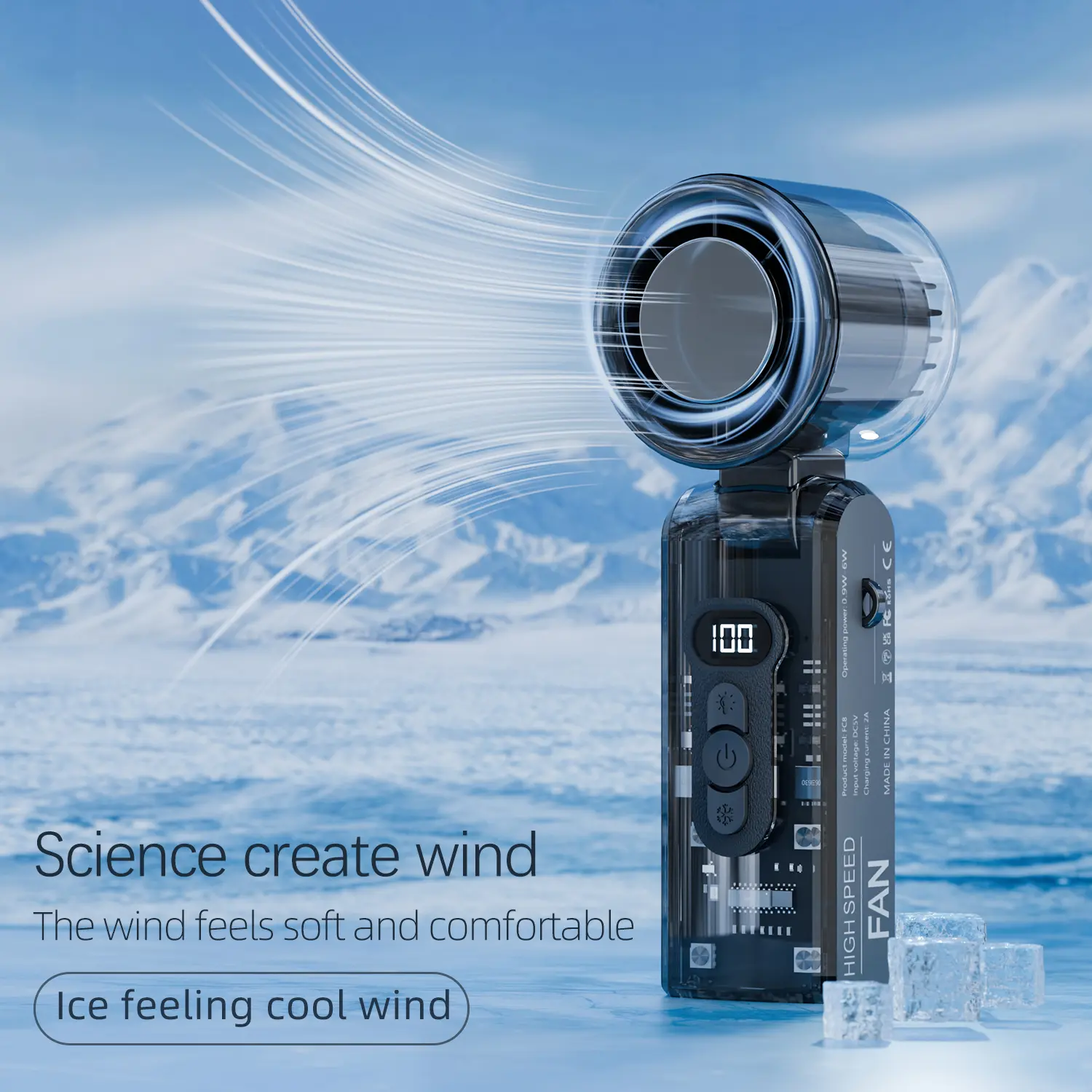 Portable Cyberpunk Transparent Folding Cooling Fan, TEC Semiconductor Ice Cooling, High RPM 13000RPM, 3600mAh Battery, LED Display Screen, Summer Household Appliance Fan
