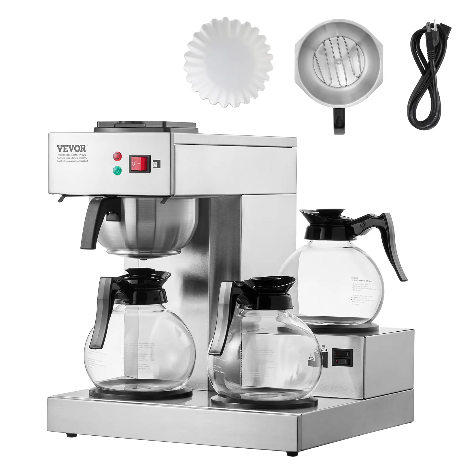 【summerfinds】VEVOR 12 Cups Commercial Drip Coffee Maker, Coffee Maker Machine with 3 Glass Carafes and 3 Warmer Plates, Stainless Steel Pour Over Coffee Brewer with Auto Water Intake, for Restaurant Office Cafe