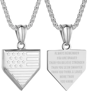 Flag Baseball Plate Necklace for Men Personalized  Verse Shield Pendant Stainless Steel Chain 22+2 inch Inspirational Baseball   Patriotic  for Boys