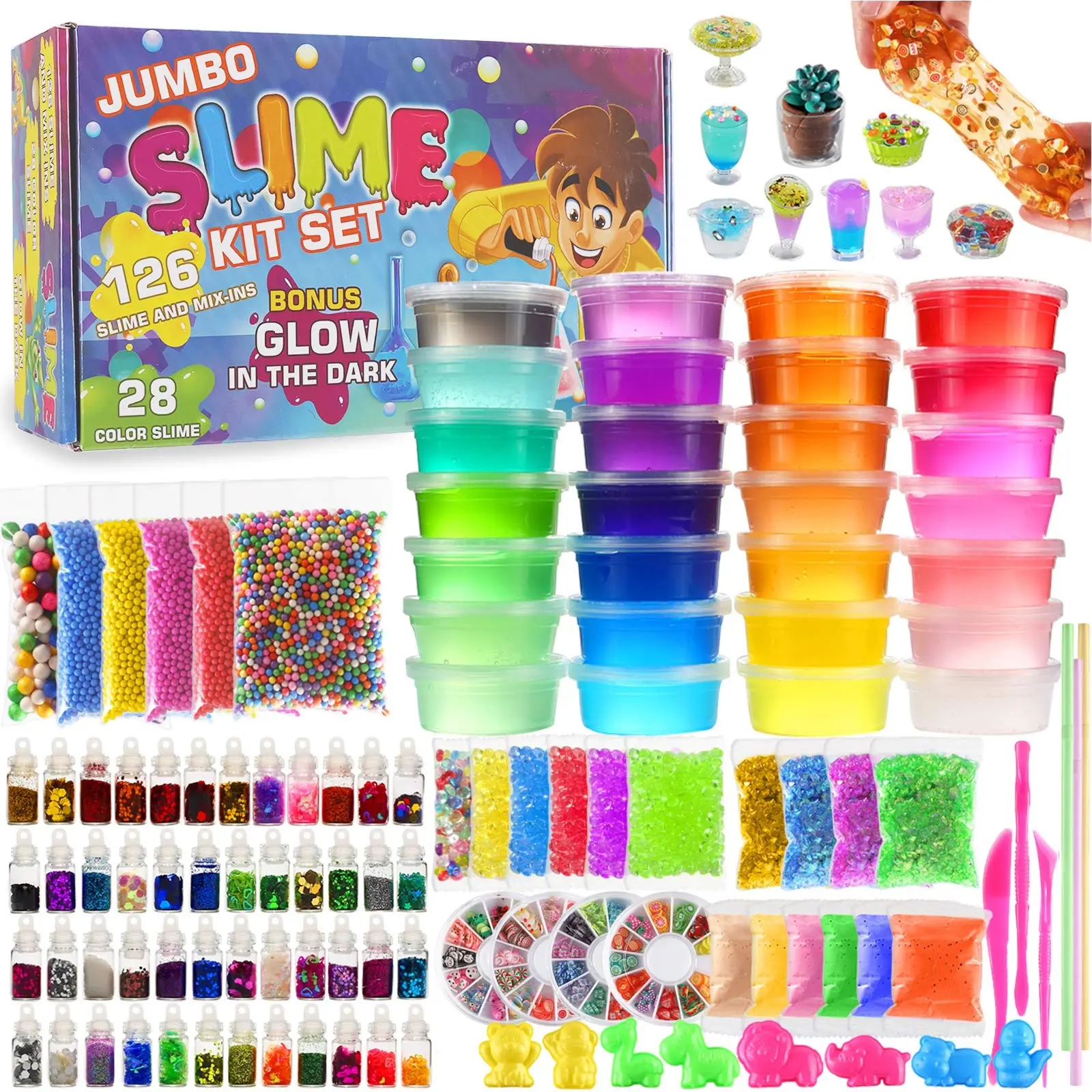 126 Pcs Colorful DIY Slime Making Kit for Kids (Ages 5+) - DIY Crafts Supplies with 28 Crystal Slime, 2 Glows Dark Powder, 48 Glitter Jars, Birthday Gift Idea