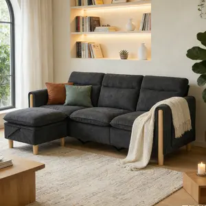 L-Shaped Cloud Deep Seat Couches-3 Seat Reversible Sectional Sofa with Convertible Ottoman, Modern Ribbed Fabric L-Shaped Couch for Small Apartment, Studio & Office, Easy Assembly