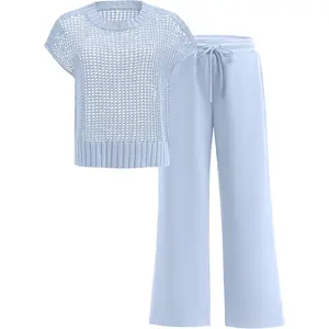Two Piece Outfits Crochet Sheer Knit Sweater Top Wide Leg Pants Lounge Matching Sets Sweatsuit Travel Clothes