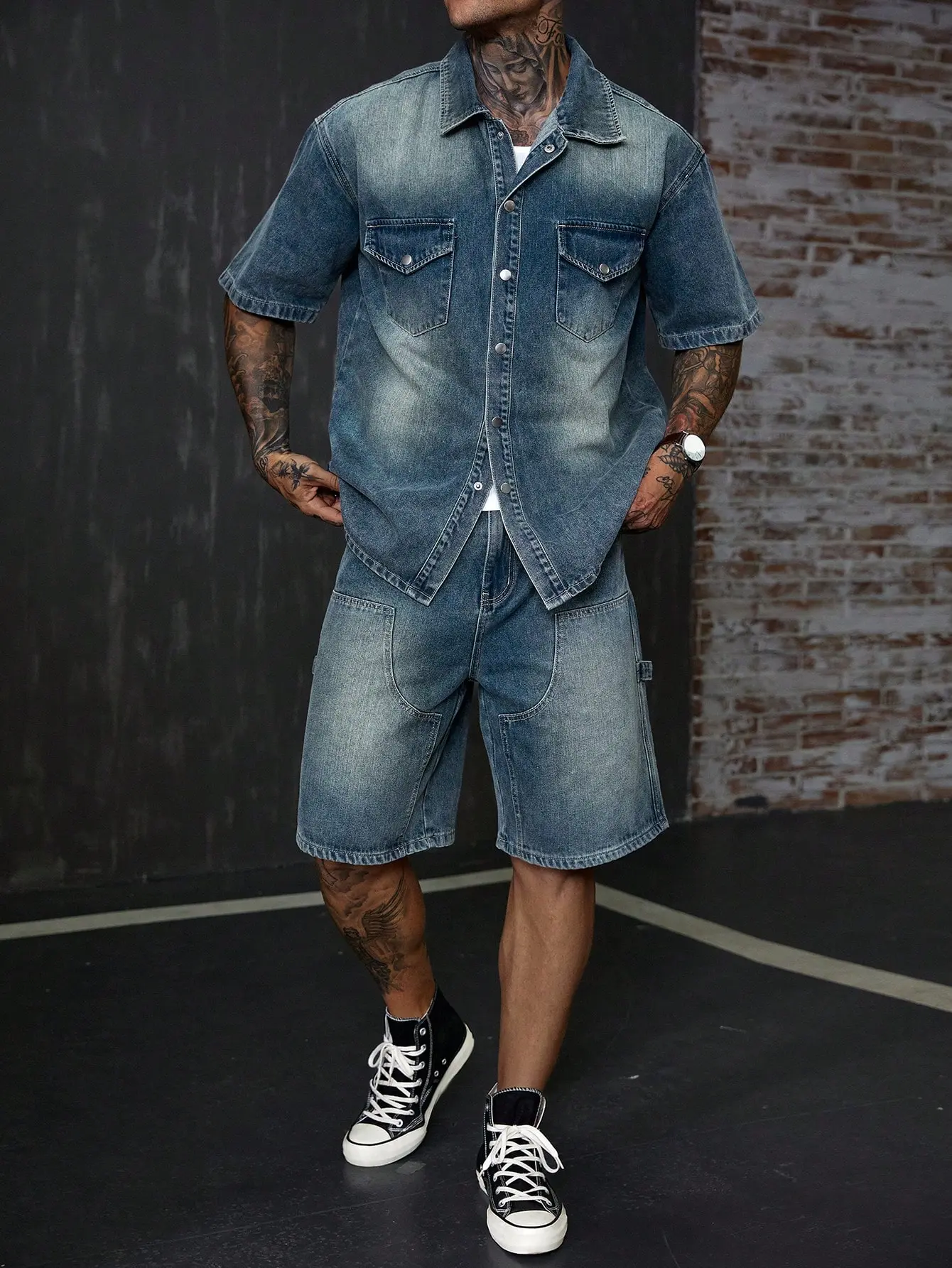 Men 2 piece sets - Men's Relaxed Washed Denim Shirt and Shorts Set for Everyday Summer Style vacation clothing jean jacket baggy jeans for men vacation outfit cotton shorts cargo shorts pants for men jeans for men jeans pants for men shorts for the summer