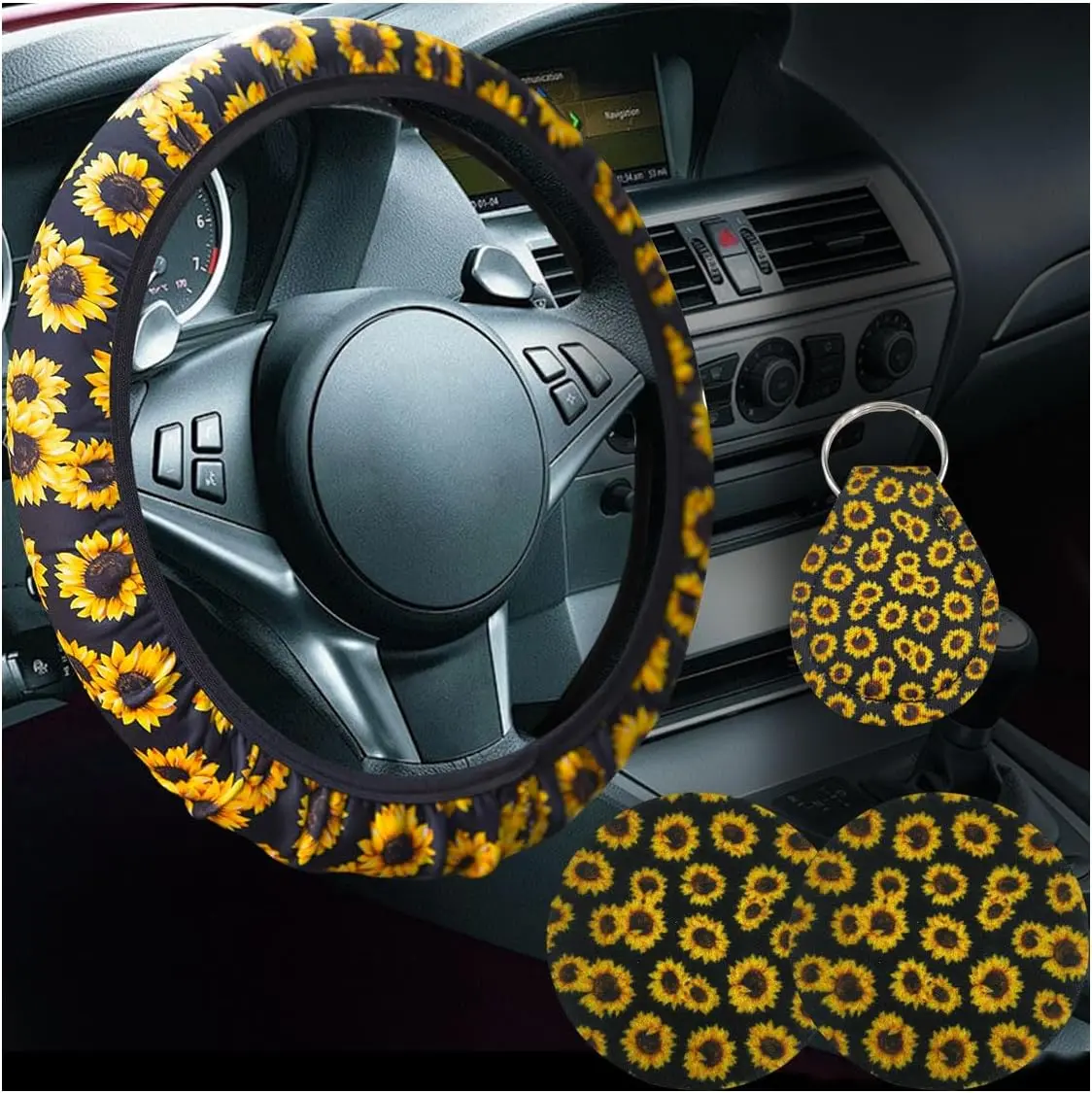 4 count Sunflower  Accessories Set, Universal 14-15 Inch Steering Wheel Cover & Quarter Keyring & 2 Cup Holder Coasters, Fashionable  Interior Decoration for Women Men (Sunflower)