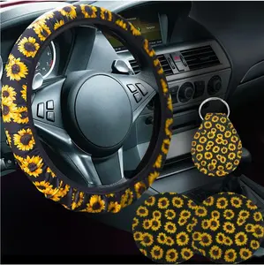 4 count Sunflower  Accessories Set, Universal 14-15 Inch Steering Wheel Cover & Quarter Keyring & 2 Cup Holder Coasters, Fashionable  Interior Decoration for Women Men (Sunflower)