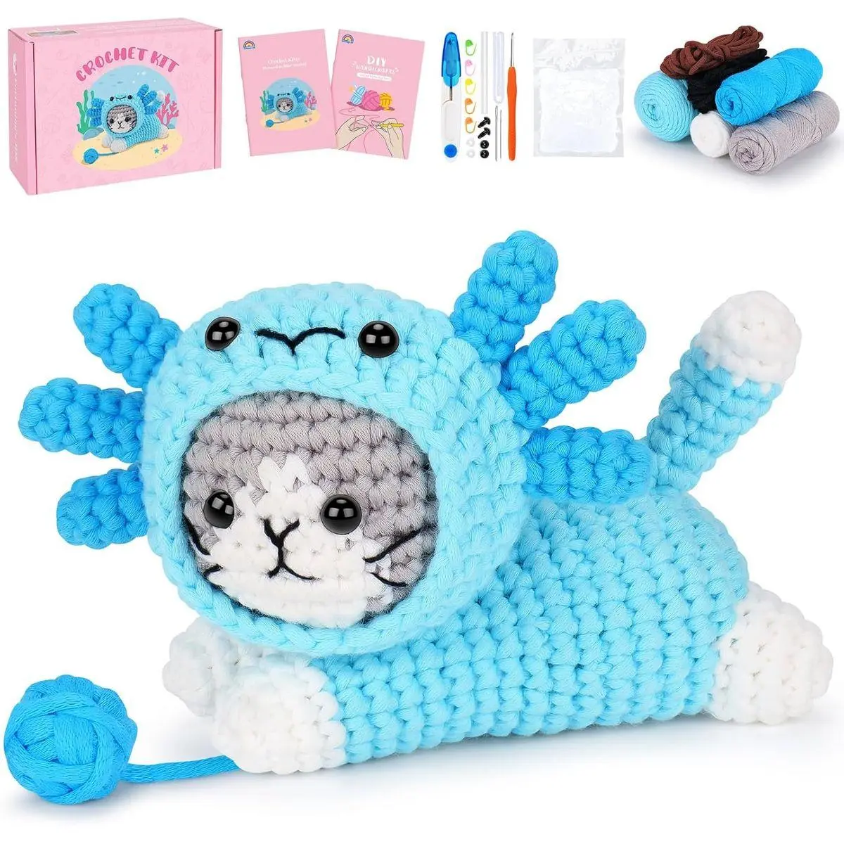 Crochet Kit for Beginners, Cat Dress in Axolotl Crochet Kit, Complete Crochet Animal Kit with Step-by-Step Video Tutorials, Easy Knitting Kit for Adults, DIY Cat Craft Kit for Galentines Gifts