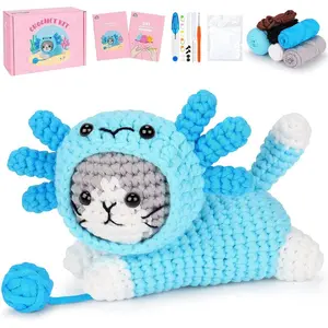 Crochet Kit for Beginners, Cat Dress in Axolotl Crochet Kit, Complete Crochet Animal Kit with Step-by-Step Video Tutorials, Easy Knitting Kit for Adults, DIY Cat Craft Kit for Galentines Gifts