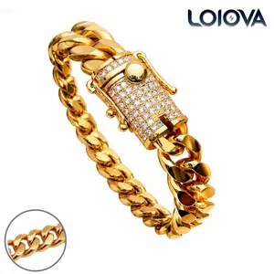 Unisex Durable Stainless Steel Cuban Link Bracelet - Gold-Plated Miami Hip-Hop Chain, 7.5-8.5 in, Synthetic Cubic Zirconia Clasp, Corrosion-Resistant, Hypoallergenic, Geometric, Yes for Daily Wear