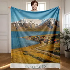 1 piece Snow-capped mountains and bay scenery of the Svalbard Islands themed flannel blanket - Oversized comfortable flannel sofa blanket, suitable for beds and sofas, modern geometric pattern design, all-season use, digital printing, 100%