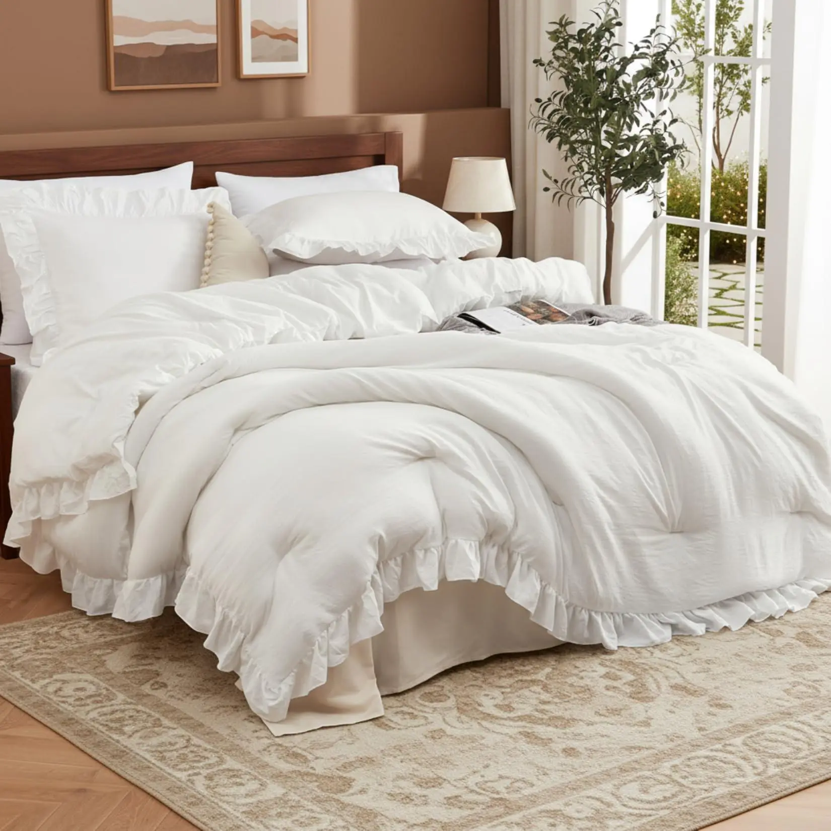 GAOMON 90x90 in White Ruffled Queen Size Comforter Set,3PCS Soft Washed Microfiber Lightweight & Fluffy All-Season Bedding Comforter with Vintage French Country Style