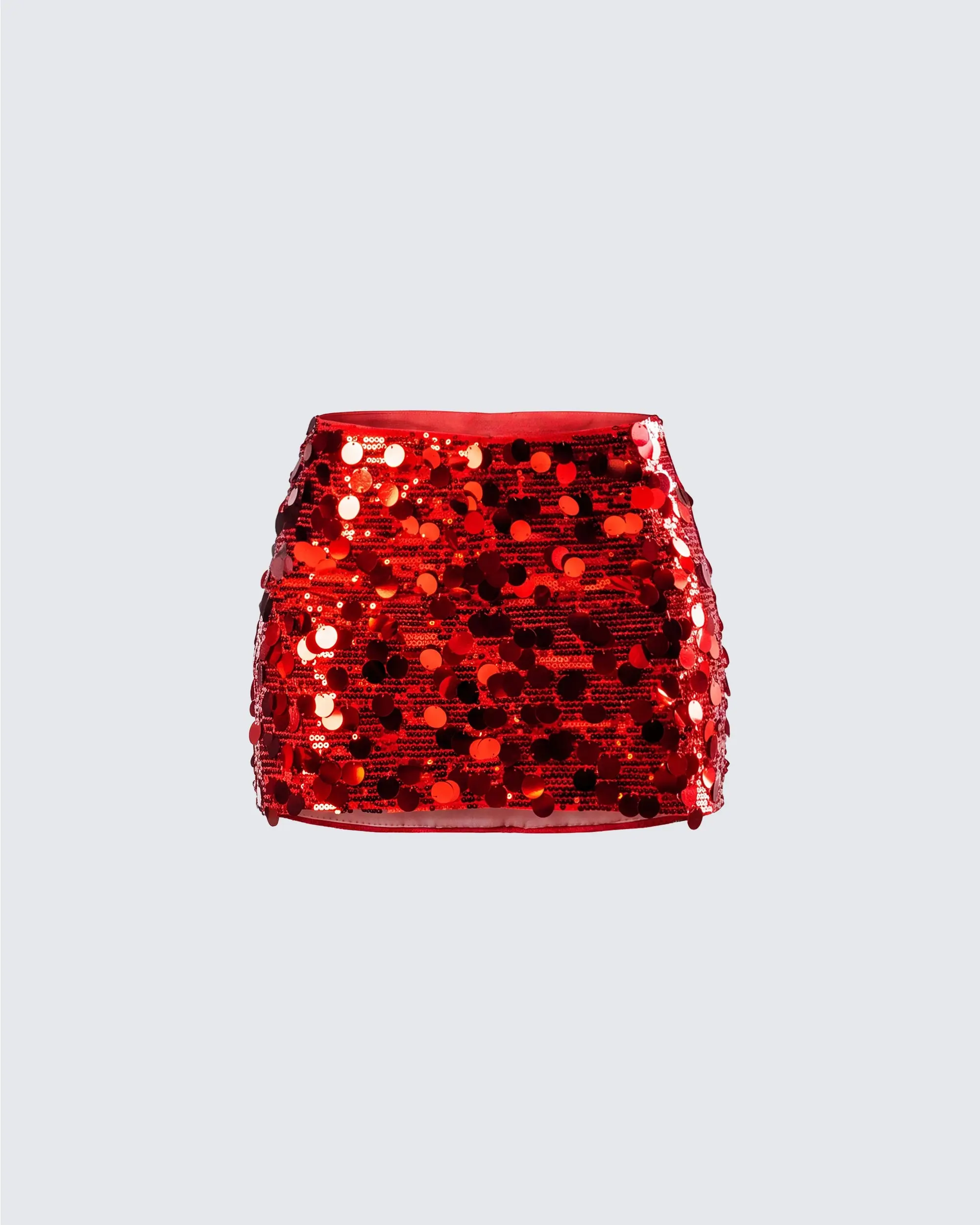 Women's Fitted Red Sequin Mini Skirt - Large Circular Paillettes, High-Shine Metallic Polyester Fabric, Evening Wear Bottom