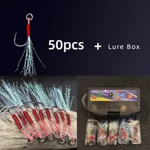 50pcs Jigging Assist Hooks, Crystal Saltwater Hooks for Iron Plate Lure Fishing - Ideal for Sea Fishing, Vertical Jigging, Game Fish with Anti-off Design (9/10/12/13/15# 10pcs Each) w/ 5-Slot Box