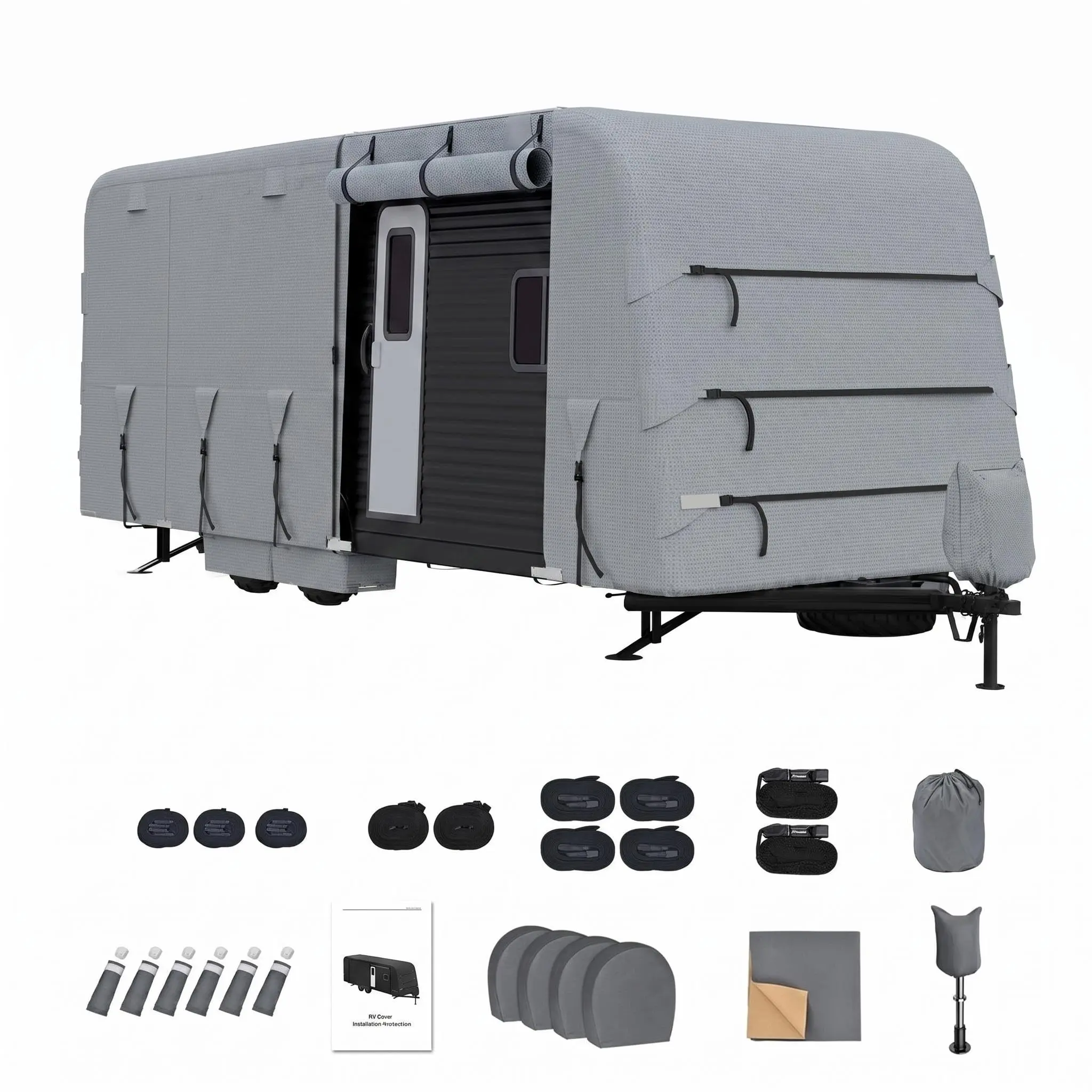 Waterproof Travel Trailer Cover, 18-35 ft, Weather Resistant & Rainproof, 4-Layer 160g Non-Woven Fabric on Top, 3-Layer 110g Non-Woven Fabric Around, Universal Outdoor Trailer RV Protective Cover