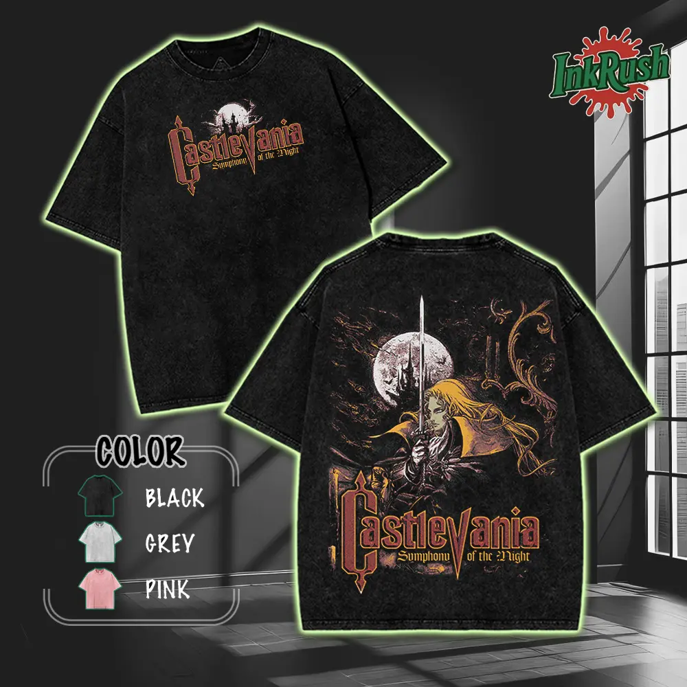 Castlevania Symphony of the night Washed T-shirt Top Classic Gothic Prints Seamless Smooth Dracula Warrior Dark Vampire Style Tshirt Casual shirts men