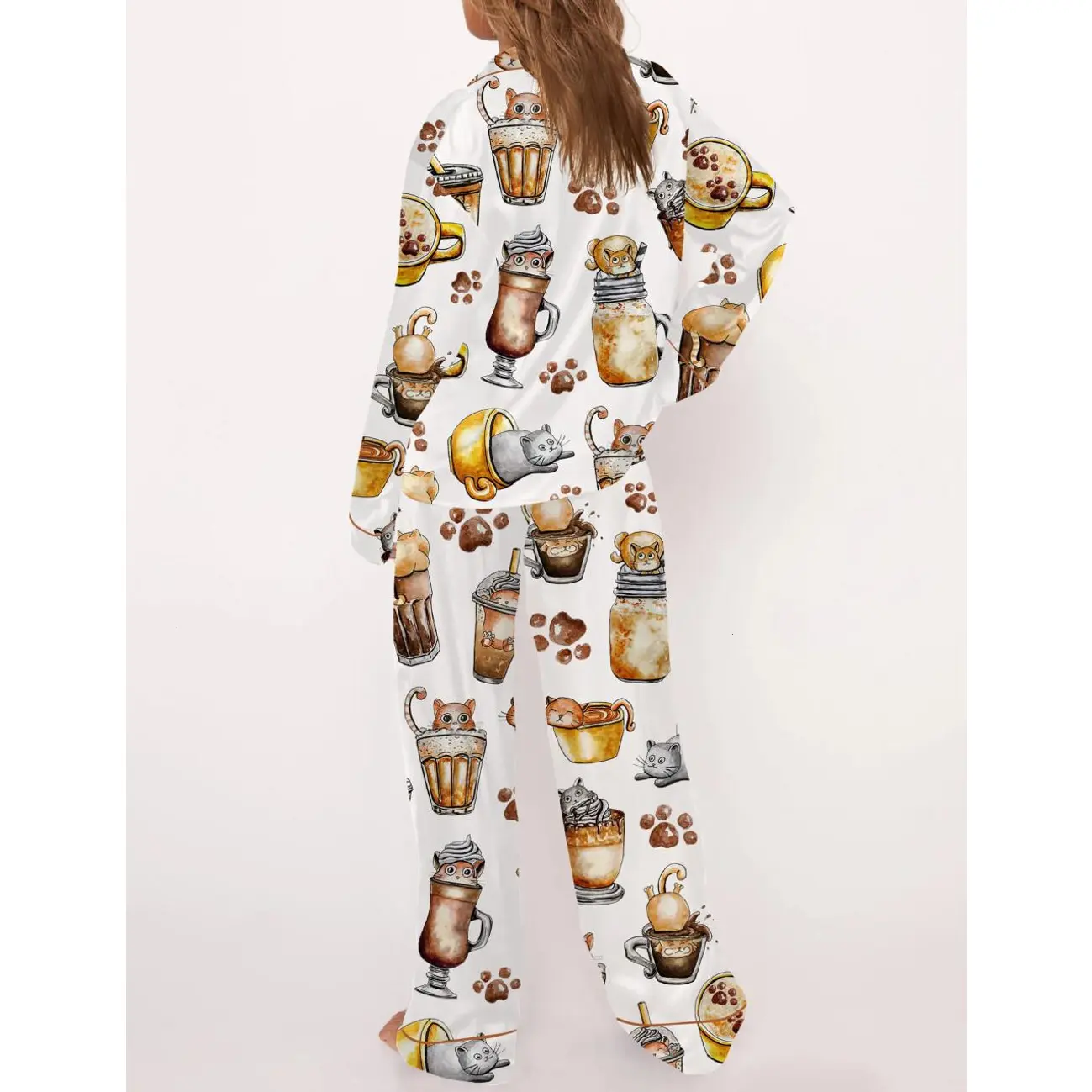 Coffee and Cats Cotton Pajama Set for Women - Whimsical and Cozy Sleepwear for Coffee and Pet Lovers, Perfect for Coffee Shop Hangouts, Pet Playdates, or Relaxed Weekend Mornings