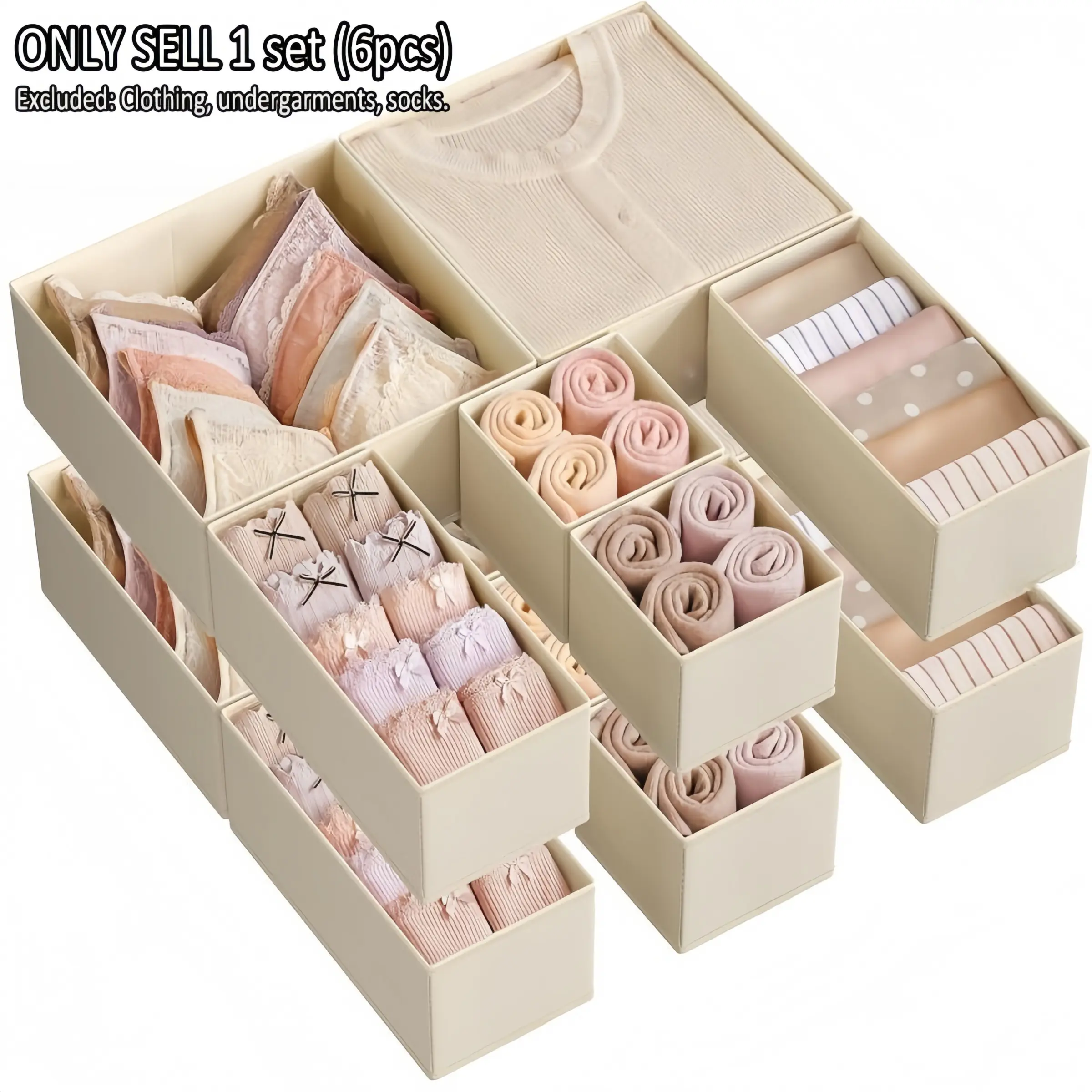 6 Counts Drawer Storage Box Set, Foldable Collapsible Organizers, Foldable Fabric Multi Grids Organizer for Socks Underwear Belts Scarves, Space Saving Storage, Collapsible Storage Organizer
