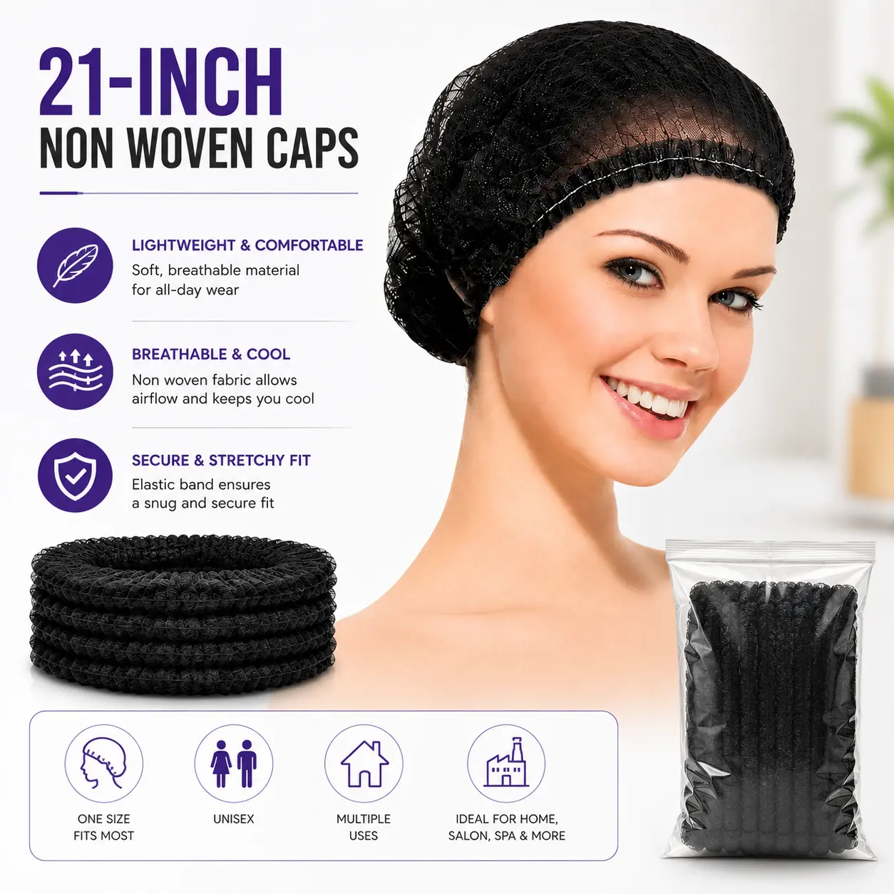 Disposable Bouffant Caps 21 Inch Black Non-Woven Hair Nets with Elastic Band for Food Service Salon Cleaning & Workshop Use 100PCS Bathroom Lightweight