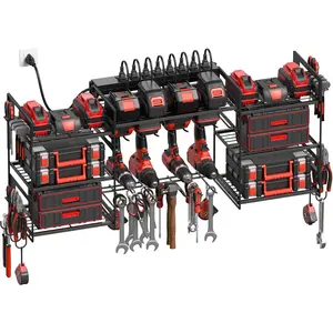 Power Tool Organizer Wall Mount, Large Tools and Battery Storage Rack Charging Station Individual Switches. Drills Holder, Garage Utility Shelves with Power Strip. Gift for Men.