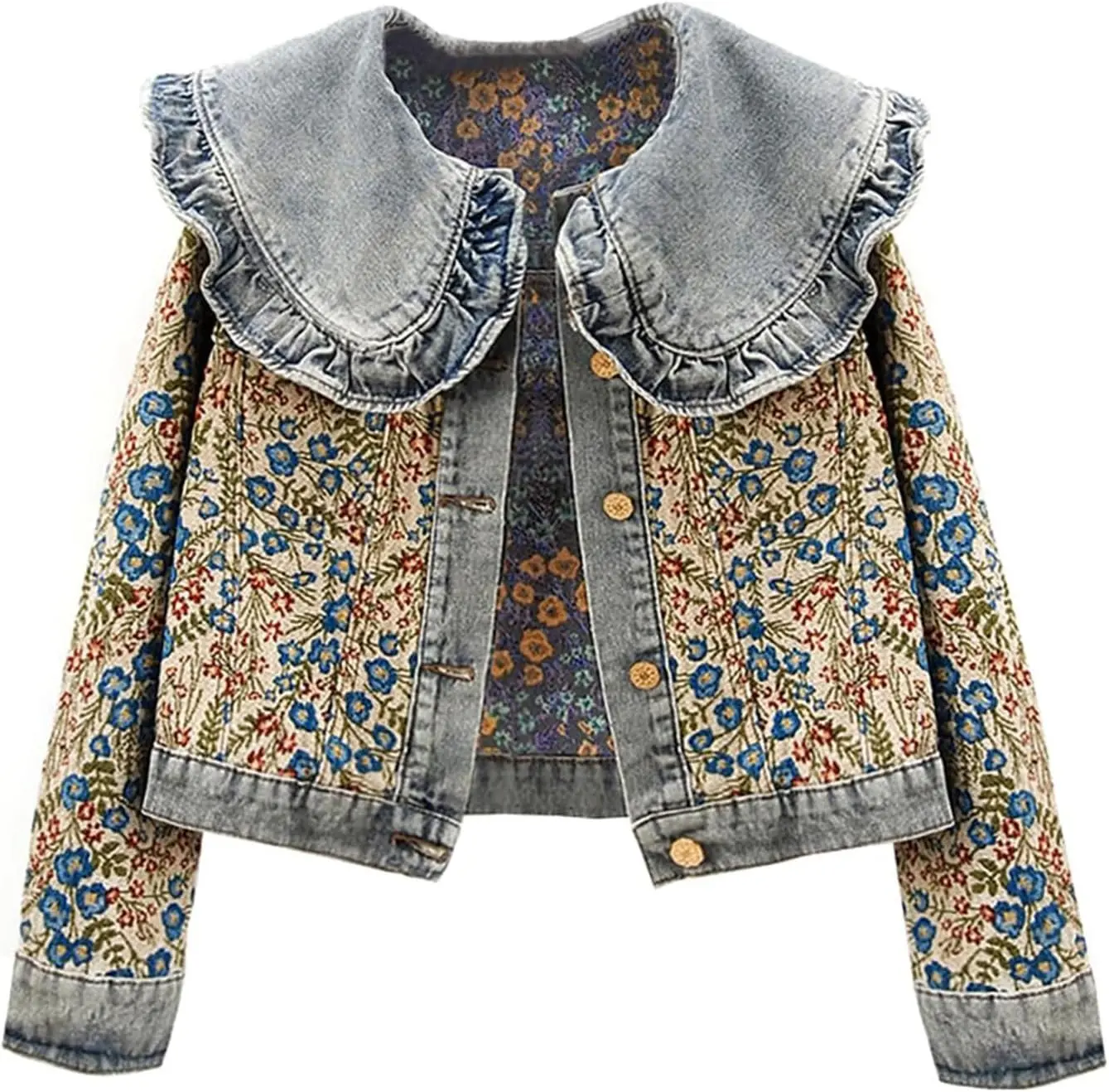 Kedera Women's Vintage Feminine Soft Breathable Cotton Floral Jacquard Denim Jacket - Peter Pan Collar, Long Sleeve, Cropped Button-Down Shacket for Layering with Skirts