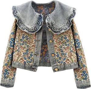 Kedera Women's Jacquard Denim Jacket Long Sleeve Peter Pan Collar Floral Crop Jean Jackets Button Down Denim Shacket