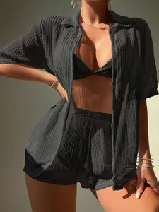 Women's High Slit Side Sun Protection Jacket Shorts Set, Casual Summer Beach, Elegant Design for Daily Wear and Vacation