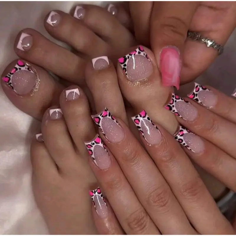 Pink Leopard Print French Tips Press On Nails And Toe Nails Set