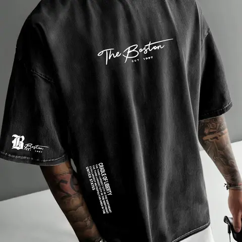 Men's Fashion Vintage Washed T-Shirt Simple Letter Print, Grunge Aesthetic Graphic, Retro American Street Style, Summer Lightweight, Long Fitted Tee