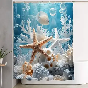 1/4pcs Underwater Ocean Bathroom Set - Starfish Coral Seashell Shower Curtain with Matching Bath Mats & Toilet Seat Cover, Blue White Coastal Themed Decor for Bathroom, Perfect for Summer Beach, Memorial Day, Labor Day, Summer Vacation Decor