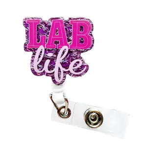 Lab Life Letter Pattern Badge Holder, 1 Count Retractable Acrylic Name Badge Clip with ID Clip, Suitable for Nurse Doctor Office Staff