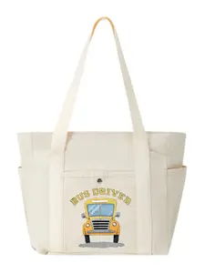 Cheerful School Bus Driver Graphic Multi-Pocket Canvas Tote Bag Fashionable for Grocery Shopping & Outdoor Picnic Days