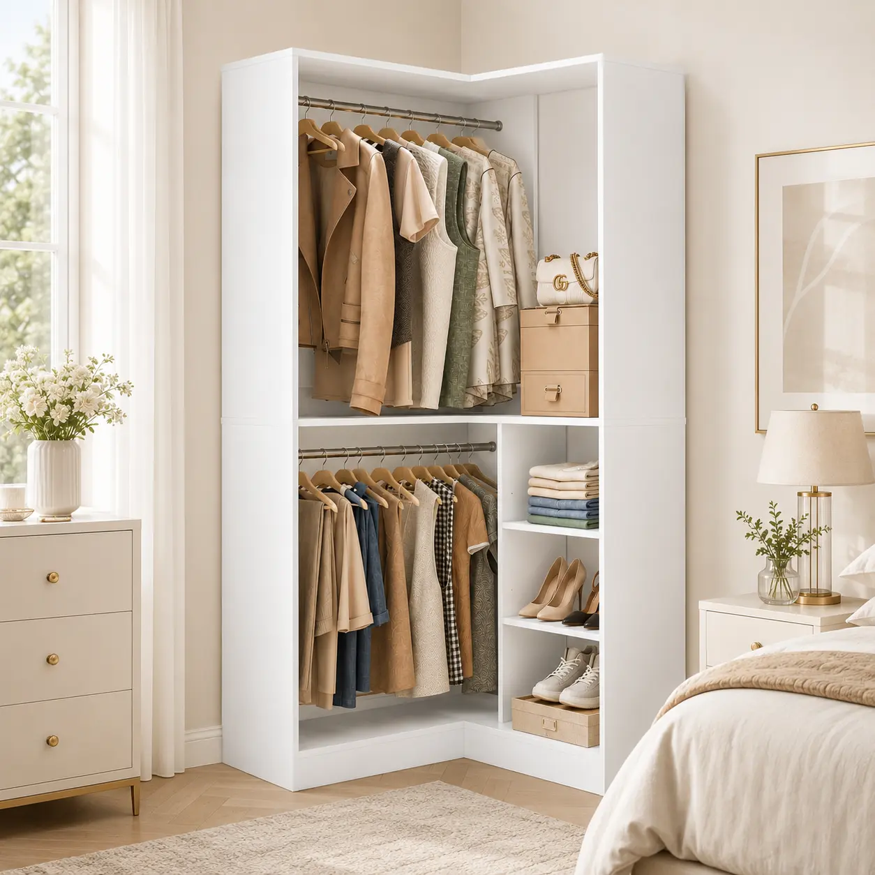 Homieasy 36'' Corner Storage Cabinet, Walk-In Closet Organizer System Set with 2 Hanging Rods and Storage Shelves, Large Freestanding Closet Organizer System, White Corner Closet Organizer with Rods for Organizer Storage Wardrobe Armoire