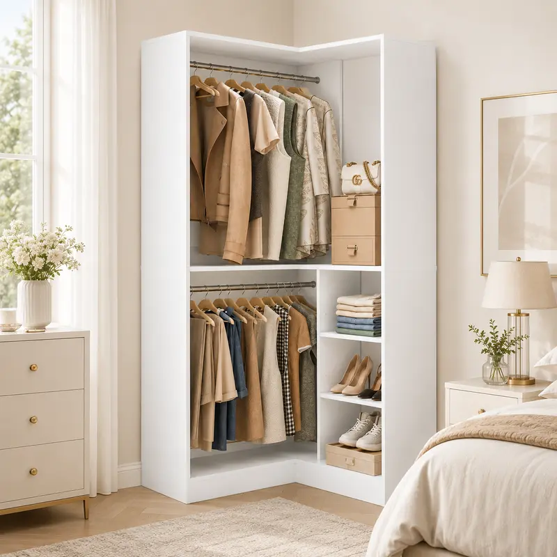 Homieasy 36'' Corner Storage Cabinet, Walk-In Closet Organizer System Set with 2 Hanging Rods and Storage Shelves, Large Freestanding Closet Organizer System, White Corner Closet Organizer with Rods for Organizer Storage Wardrobe Armoire