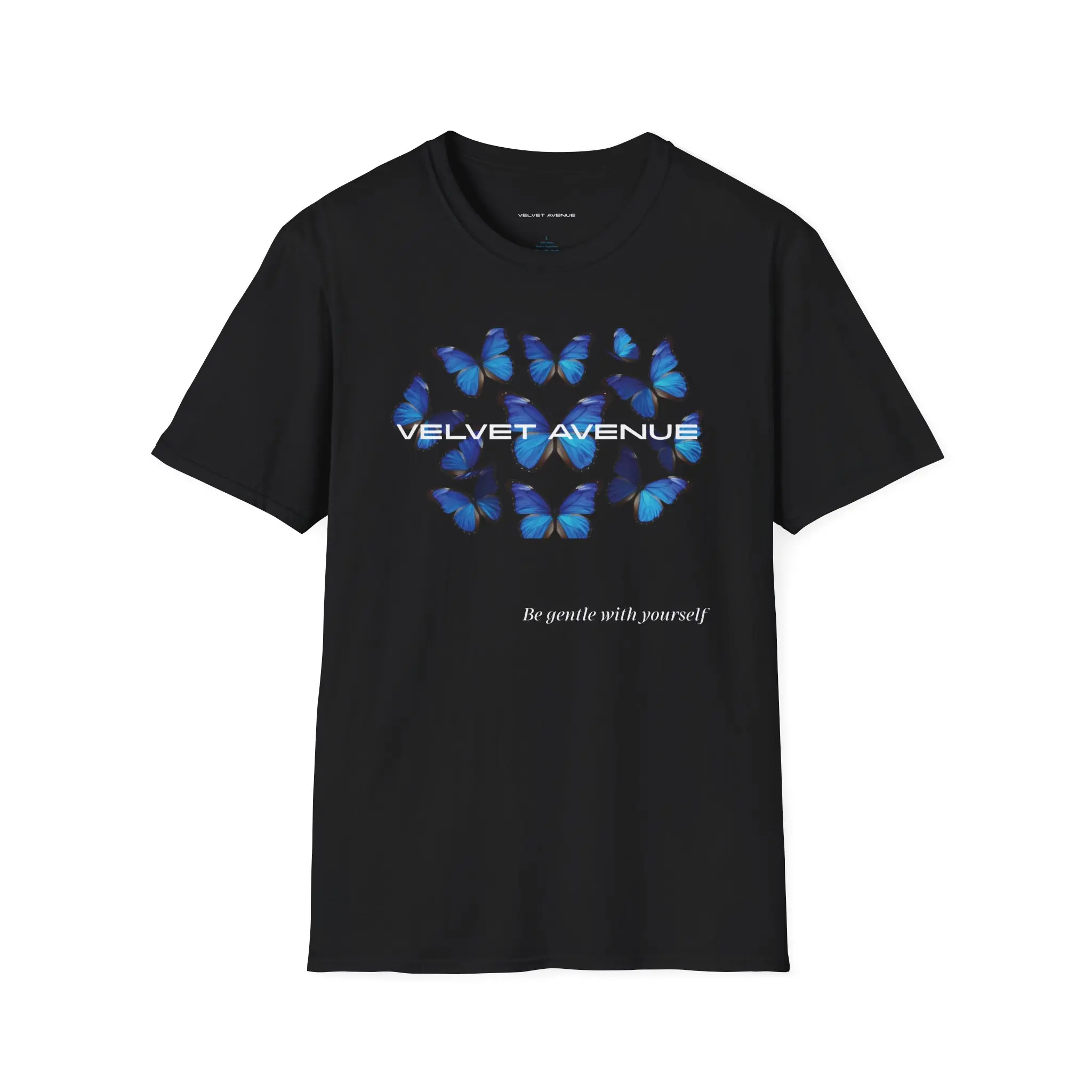 Blue Butterfly Velvet Avenue T-Shirt | Brand Logo Tee