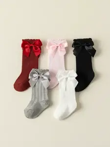 Baby's Bow Decor Socks, Cute Solid Color Socks for Baby Girls & Boys, Newborn Infant Kids Socks for All Seasons, Baby Clothing