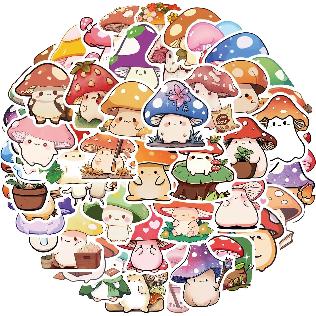 Cute Mushroom Pattern Sticker, 50pcs/set Waterproof Self Adhesive Decor Paper, Decor Sticker for Gift Greeting Card Water Bottle Laptop Phone, Ornaments