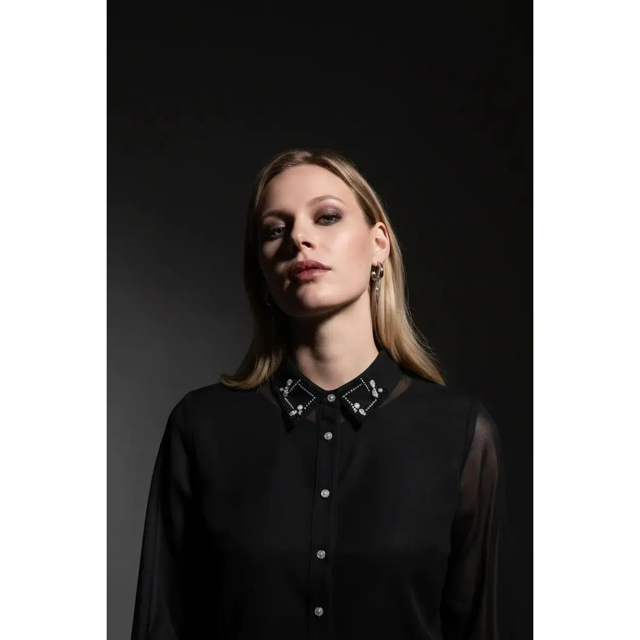 Sheer Organza Beaded Collar Blouse – Black