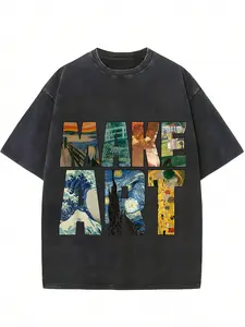 1pc Men's Make Art Graphic T-Shirt Aesthetic Famous Oil Painting Collage Print Van Gogh Starry Night Heavyweight Cotton Oversized Vintage Wash Tee