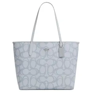 COACH City 33 Logo Tote Bag with Coated Canvas for Women in Silver and Ice Blue