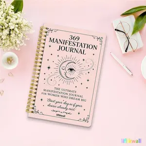369 Manifestation Diary, a must-have journal for spiritual growth, with a purple and gold star moon cover design. It includes daily affirmations and gratitude pages every 3/6/9 times, a 45-day plan for wish fulfillment, spiral binding for portability and