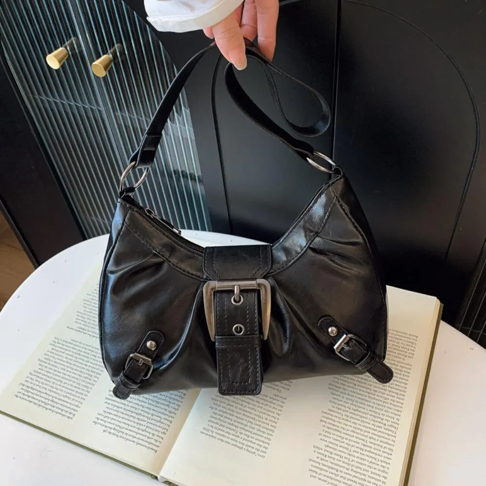 Vintage Distressed PU Leather Hobo Shoulder Bag, Buckle Decor Y2K Underarm Crossbody Bag Multi Pocket Commute Handbag for Women Daily Use