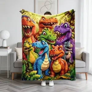 Colorful Cute Dinosaur Jungle Flannel Blanket Soft Cozy Cartoon Dino Throw Blanket for Kids Warm Plush Bed Sofa Blanket Gift Playroom Decor
