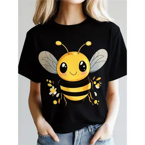 Men's & Women's Bee Print Cotton T-Shirt - Cute Honeycomb & Bee Design Short Sleeve Round Neck Casual Tee, All-Season Comfort Fit, Birthday/Holiday Gift for s (S-XXXL) - Preshrunk Ring & Double-Needle Stitched Neckline (Black)