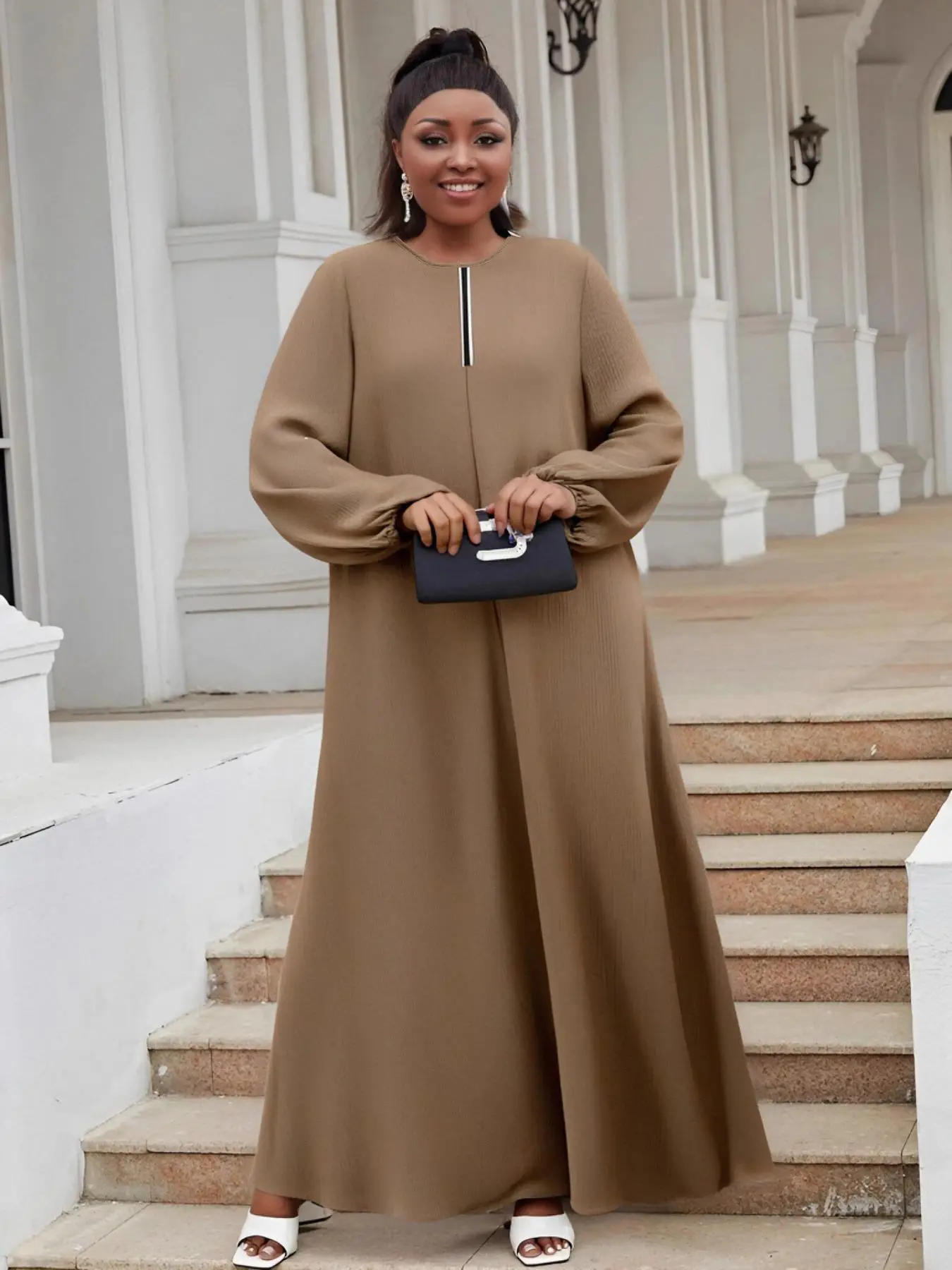 Muslim Women's New Arabic Plain Color Ribbon Puff Sleeve Loose Round Neck Dress, Modest Long Sleeve Maxi Dress for Spring & Fall, Muslim Women Gowns