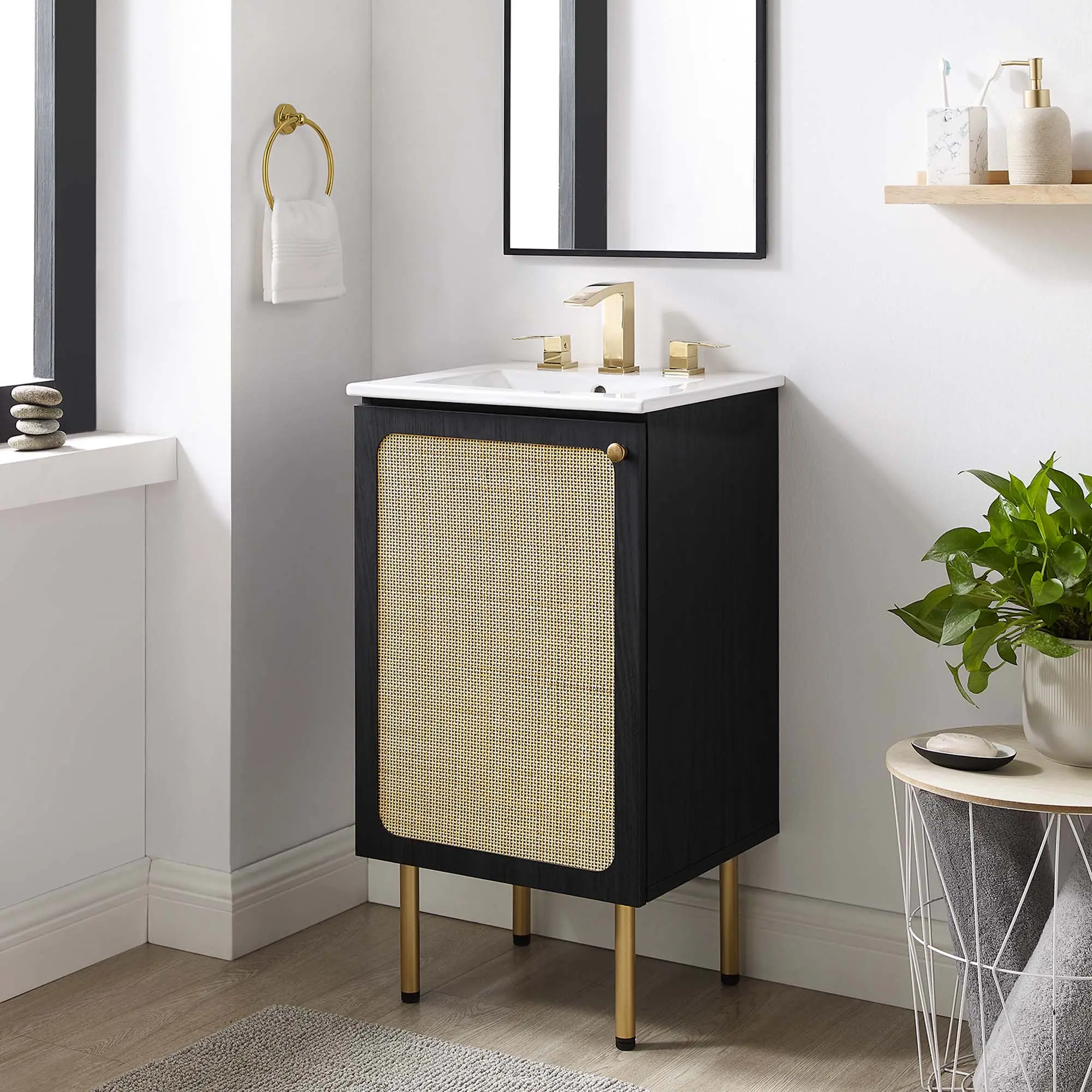 Chaucer 18-in Black and White MDF Bathroom Vanity - 66 lbs Adjustable Powder Room Cabinet with Integrated Countertop, Home Improvement Bathroom Fixture Set, 18 Inches