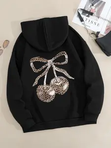 Women's Leopard Cherry & Bowknot Print Hoodie, Fashion Casual Long Sleeve Sweatshirt for Daily Wear, Women's Clothes for Fall & Winter
