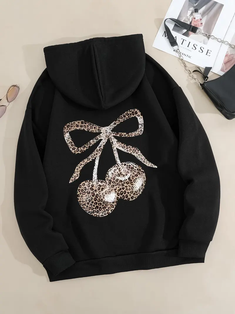 Women's Leopard Cherry & Bowknot Print Hoodie, Fashion Casual Long Sleeve Sweatshirt for Daily Wear, Women's Clothes for Fall & Winter